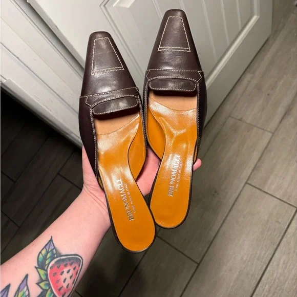Bruno Magli Dark Brown Leather Square-Toe Slip-On Mules - Picture 7 of 7